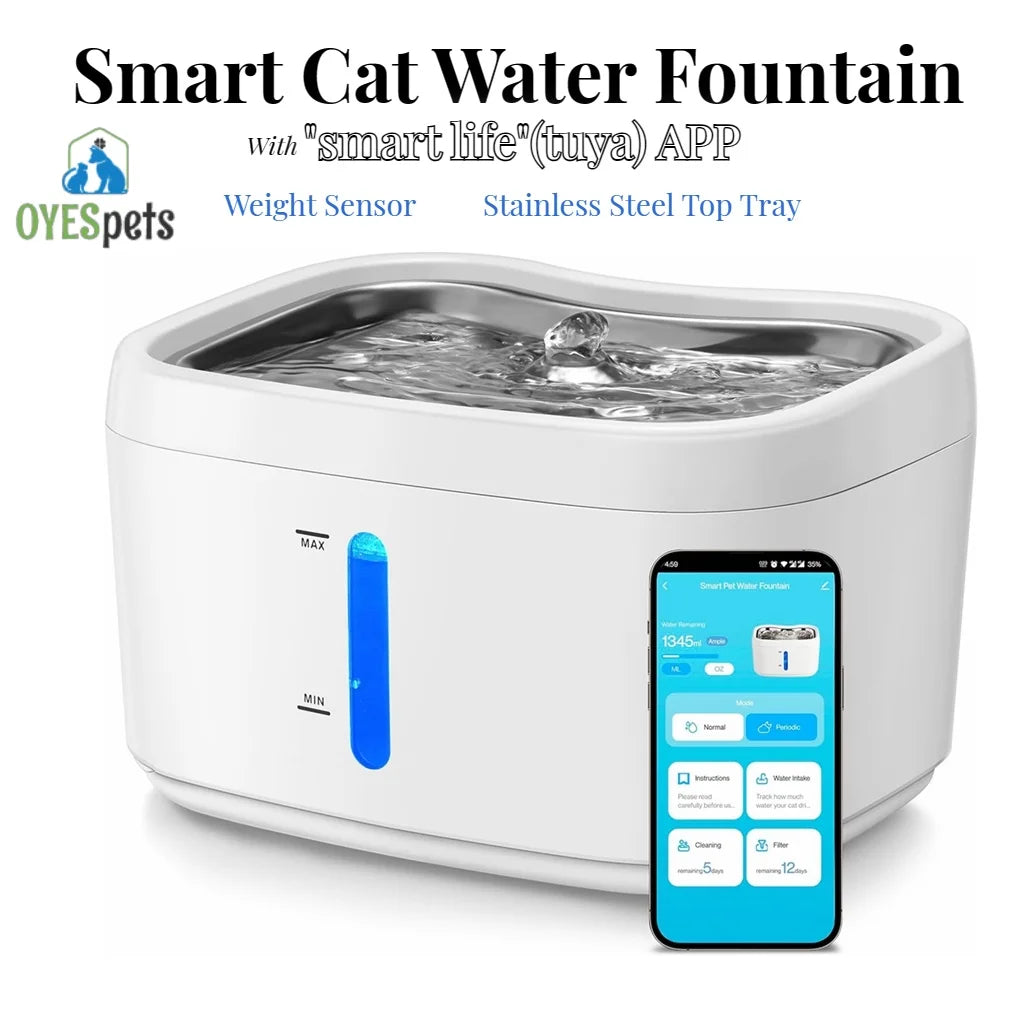 Cat Water Fountain with APP Wireless Connected 84Oz/2.5L Automatic Pet Water Fountain with Stainless Steel Tray Weight Sensor
